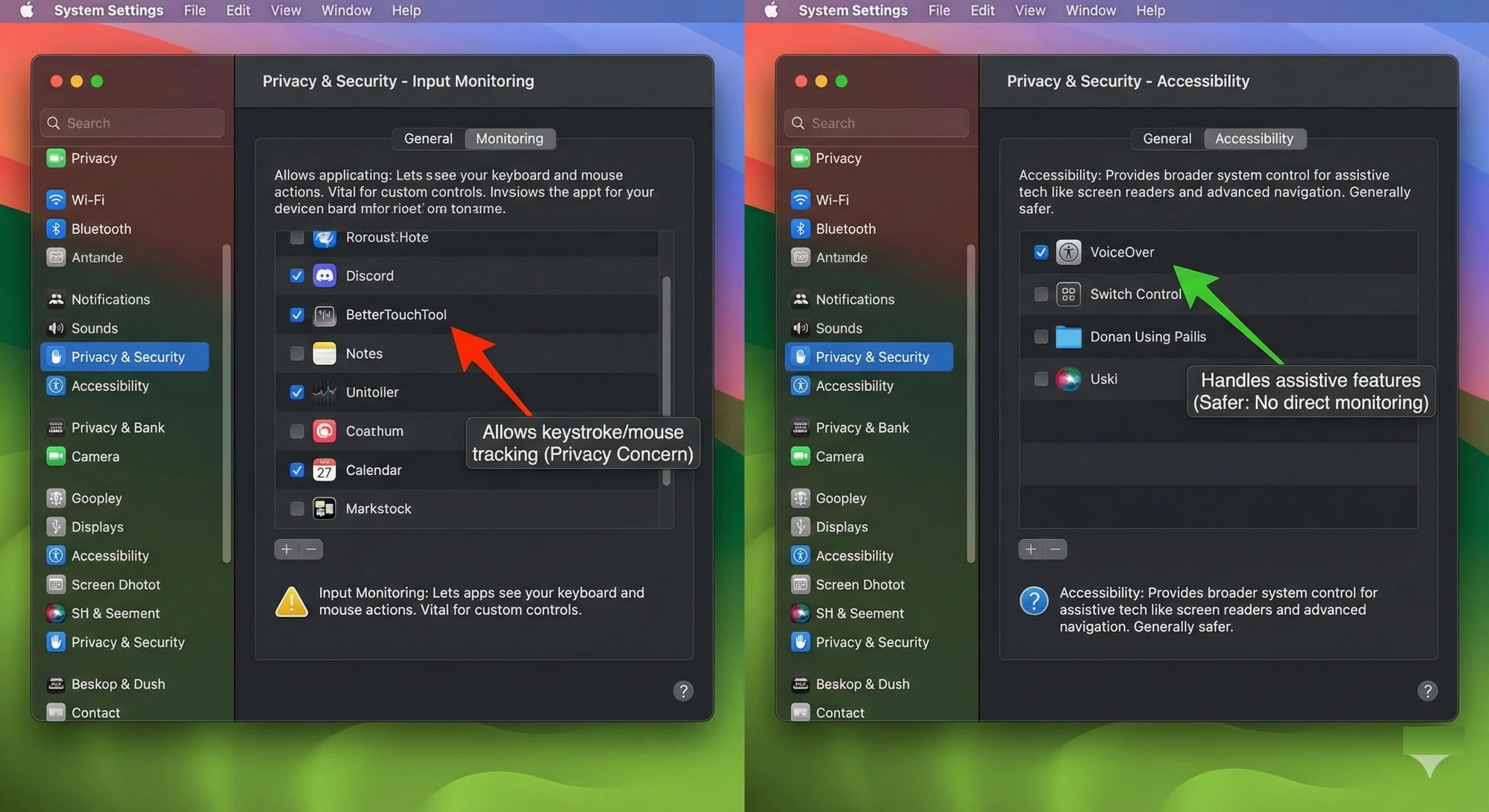 macOS Privacy Settings: Input Monitoring vs Accessibility permissions comparison