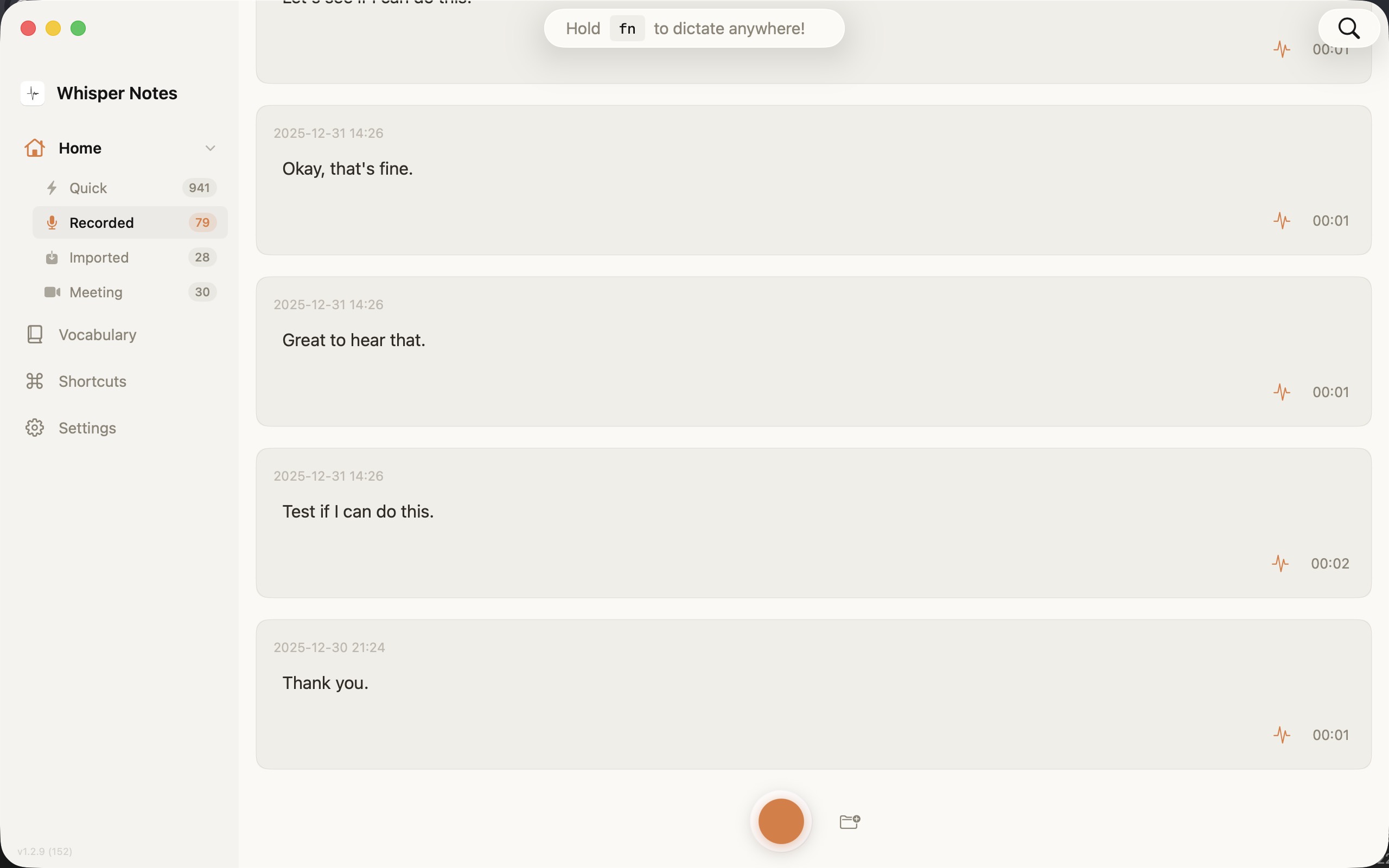 Whisper Notes app interface - Showing Fn key dictation and audio file transcription features