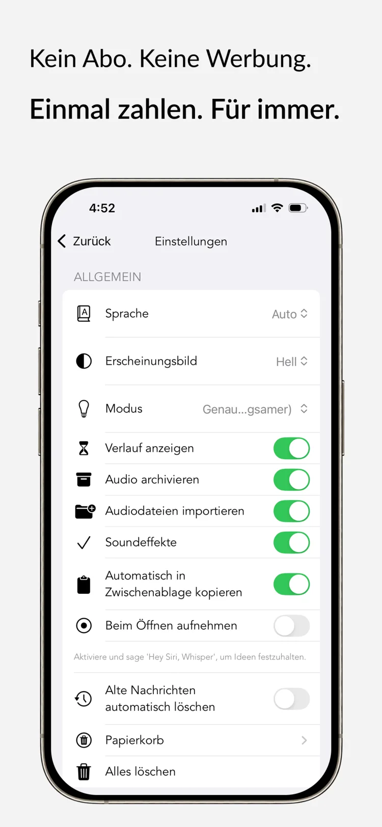 Einmal kaufen, für immer nutzen - WhisperNotes app interface