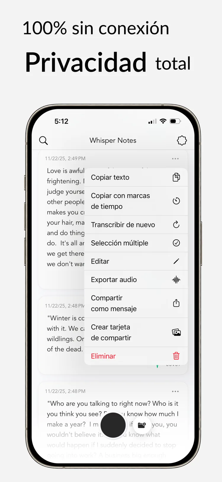 100+ idiomas - WhisperNotes app interface