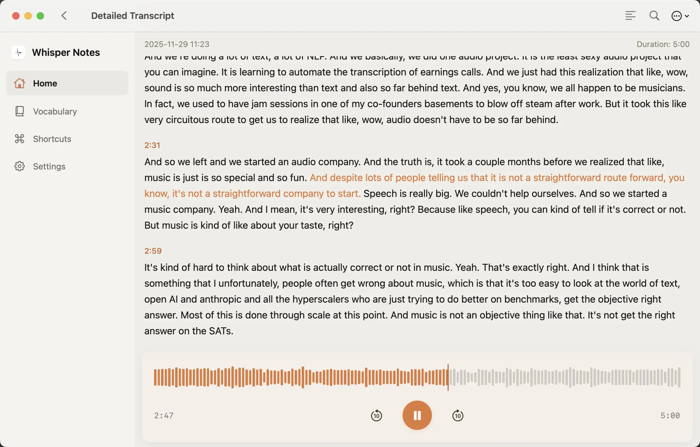 Whisper Notes clean interface - Record button, waveform, transcript. Simple by design.
