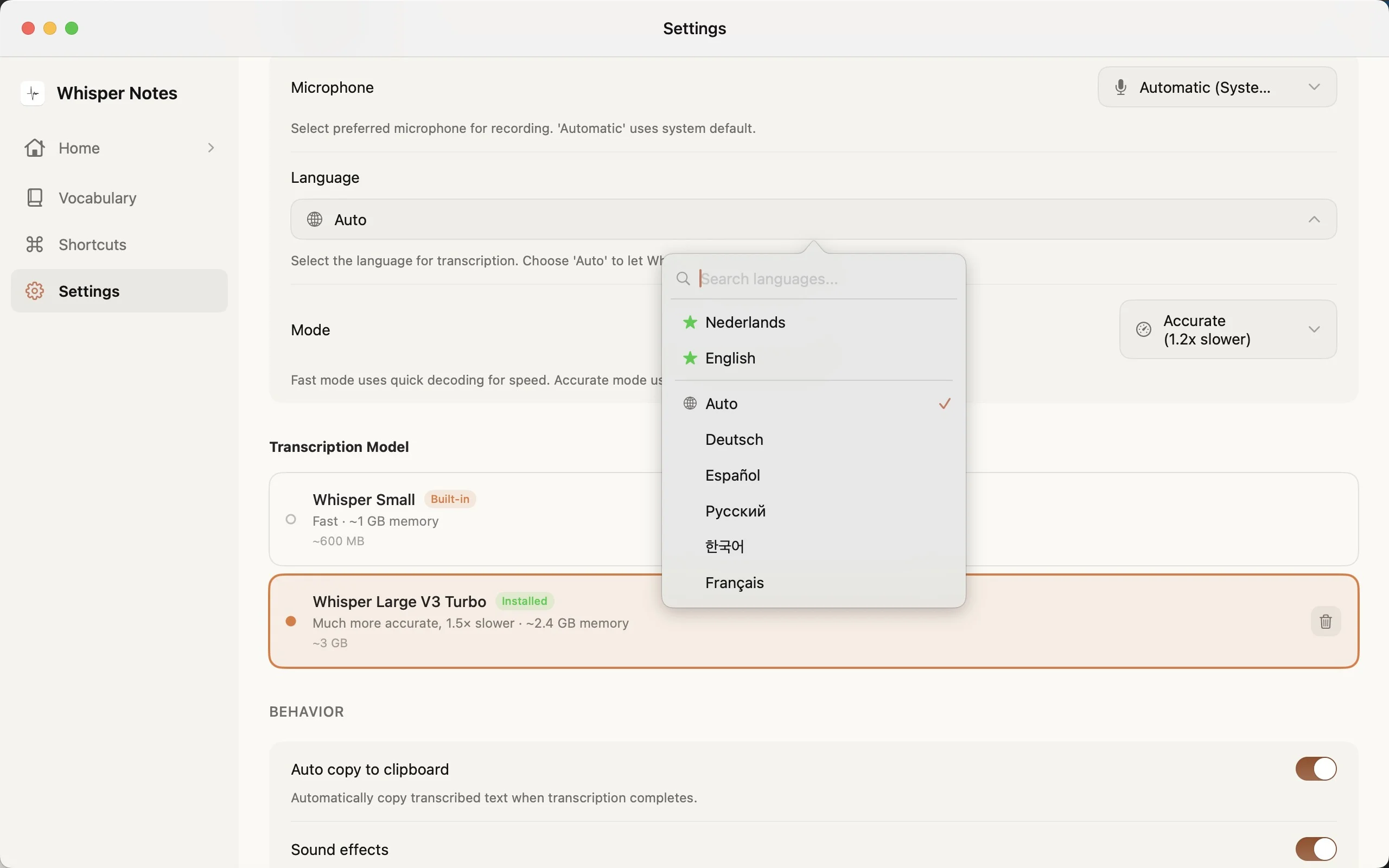 Whisper Notes Settings - Model selection and configuration options