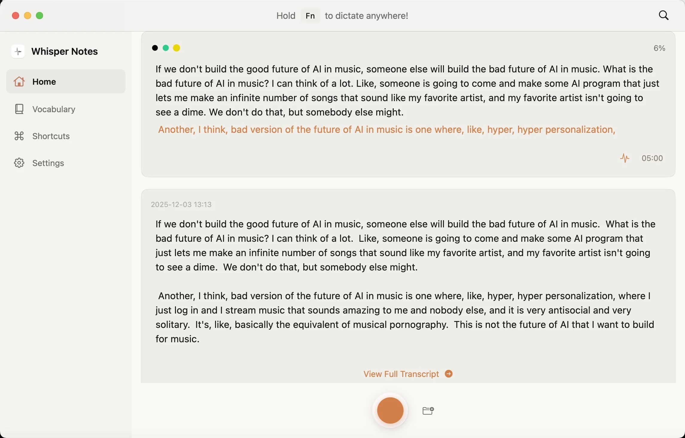 Whisper Notes streaming transcription - Text appears in real-time as you speak