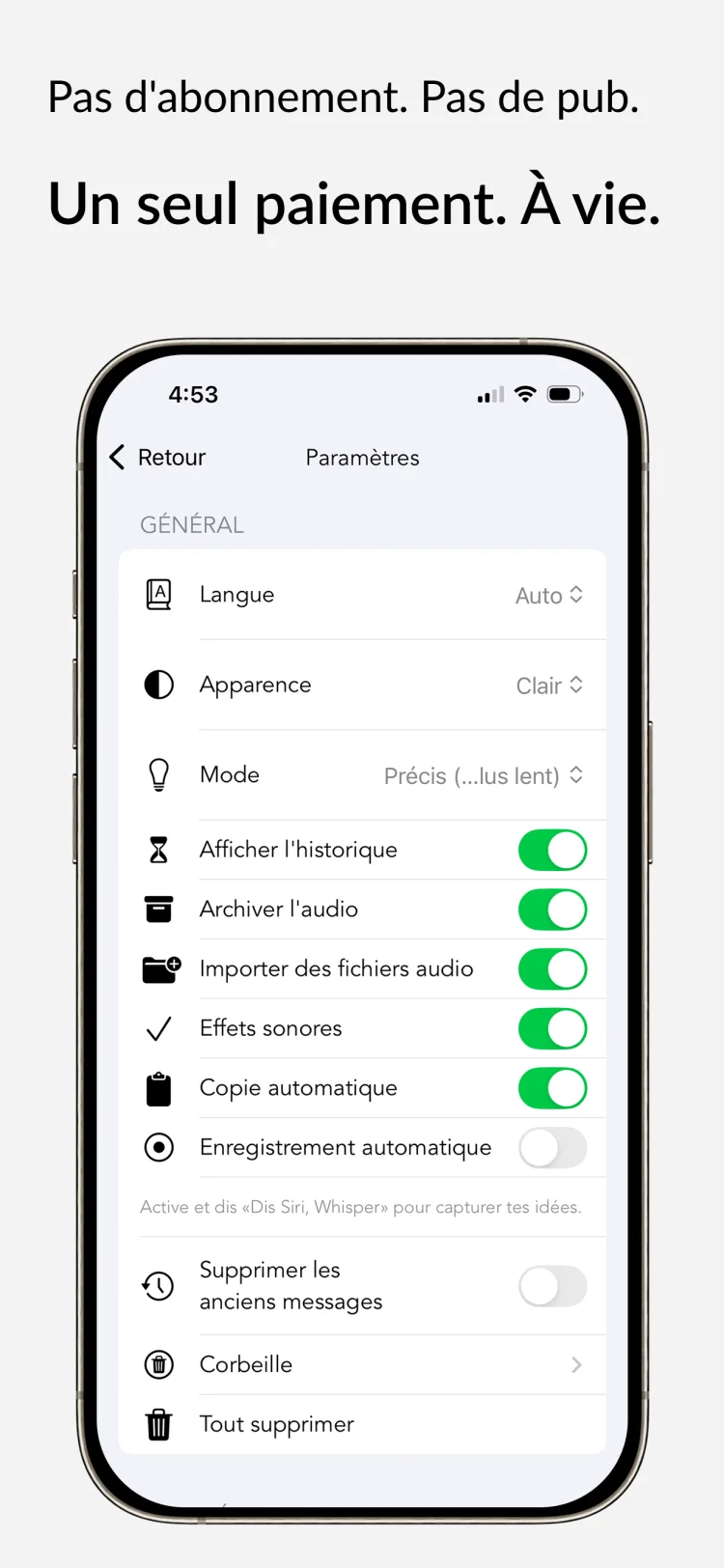 Achetez une fois, utilisez toujours - WhisperNotes app interface