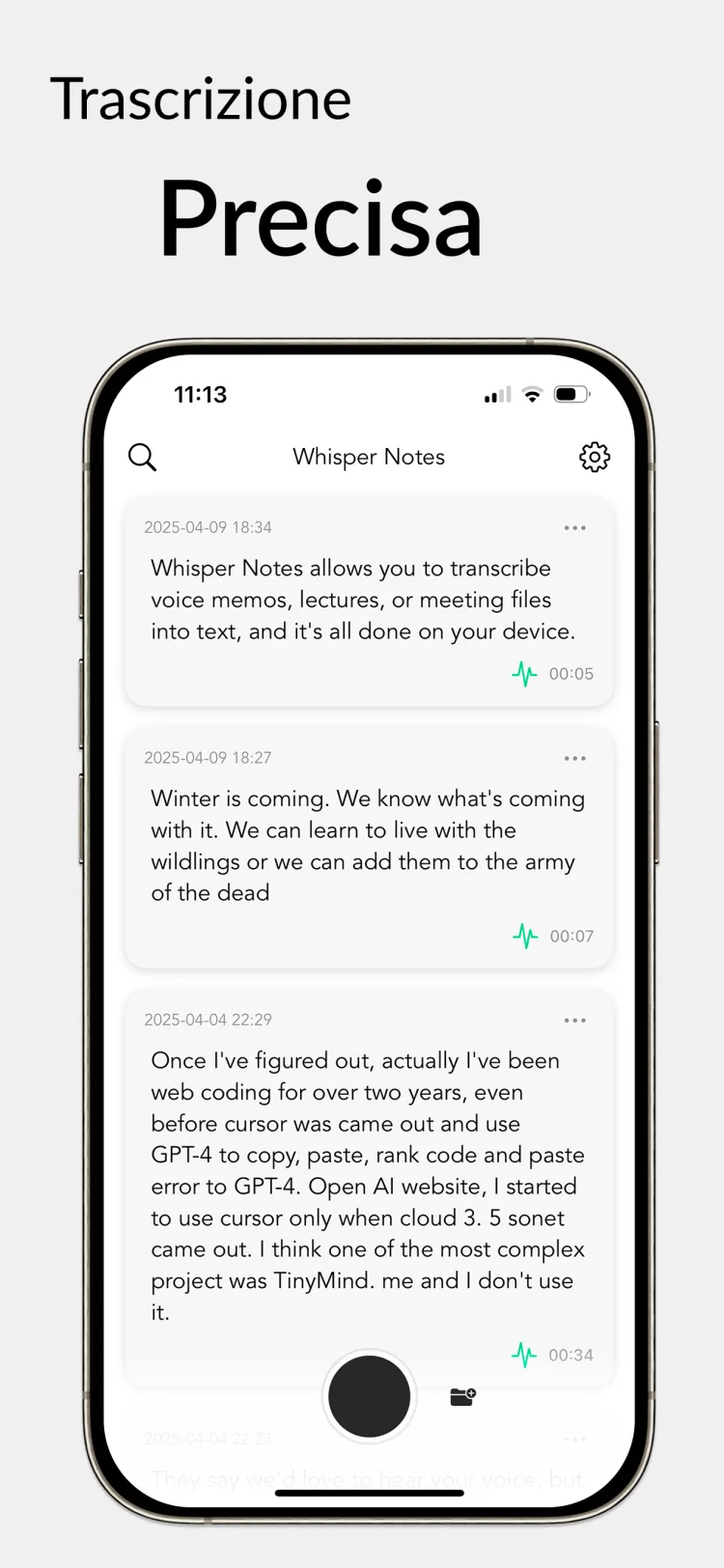 Funziona offline - WhisperNotes app interface
