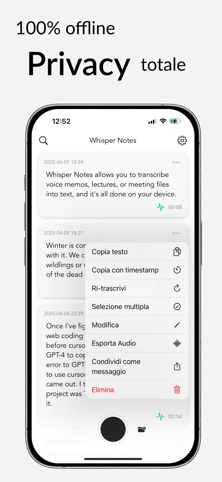 Oltre 80 lingue - WhisperNotes app interface
