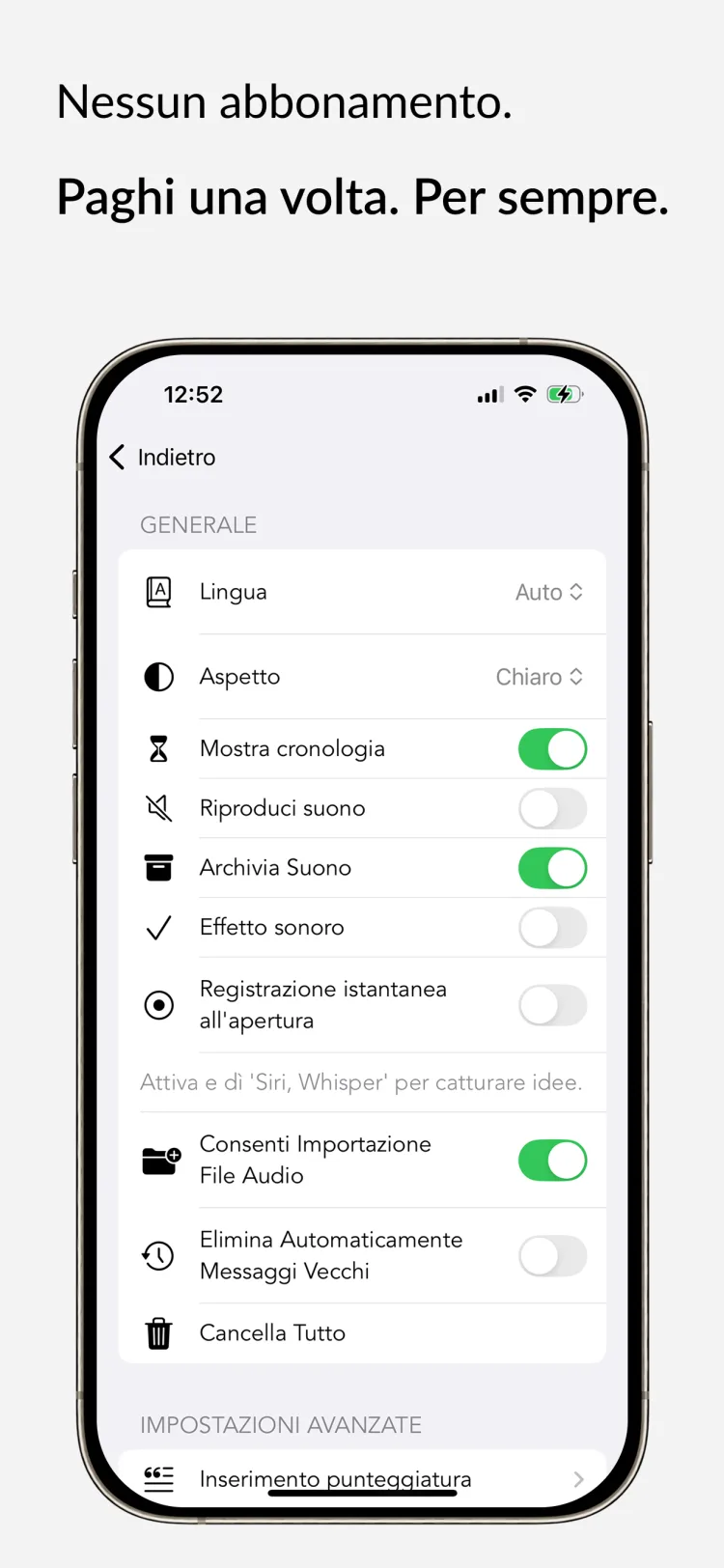 Paghi una volta, è tuo per sempre - WhisperNotes app interface