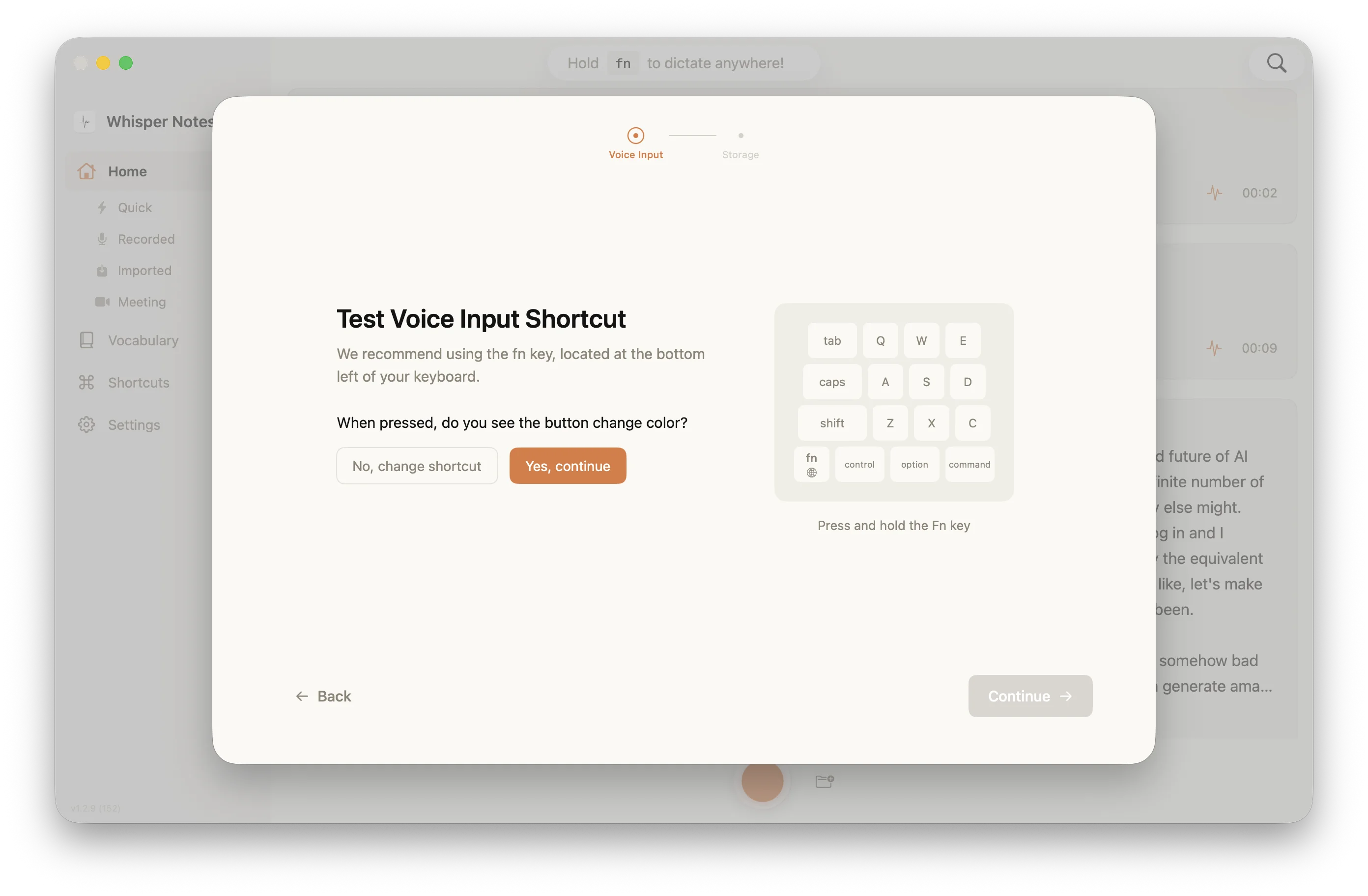 Whisper Notes Fn key voice input setup interface - Testing Fn key shortcut functionality