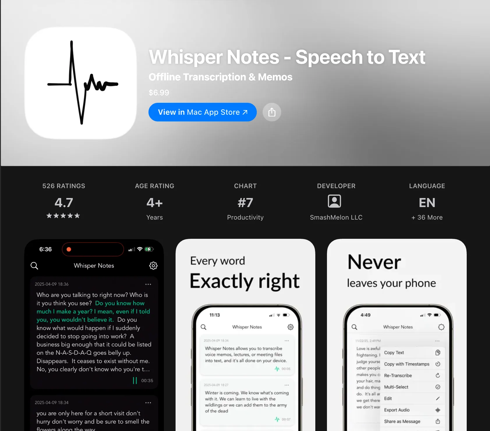 Whisper Notes App Store listing - $7.99 one-time purchase on iPhone