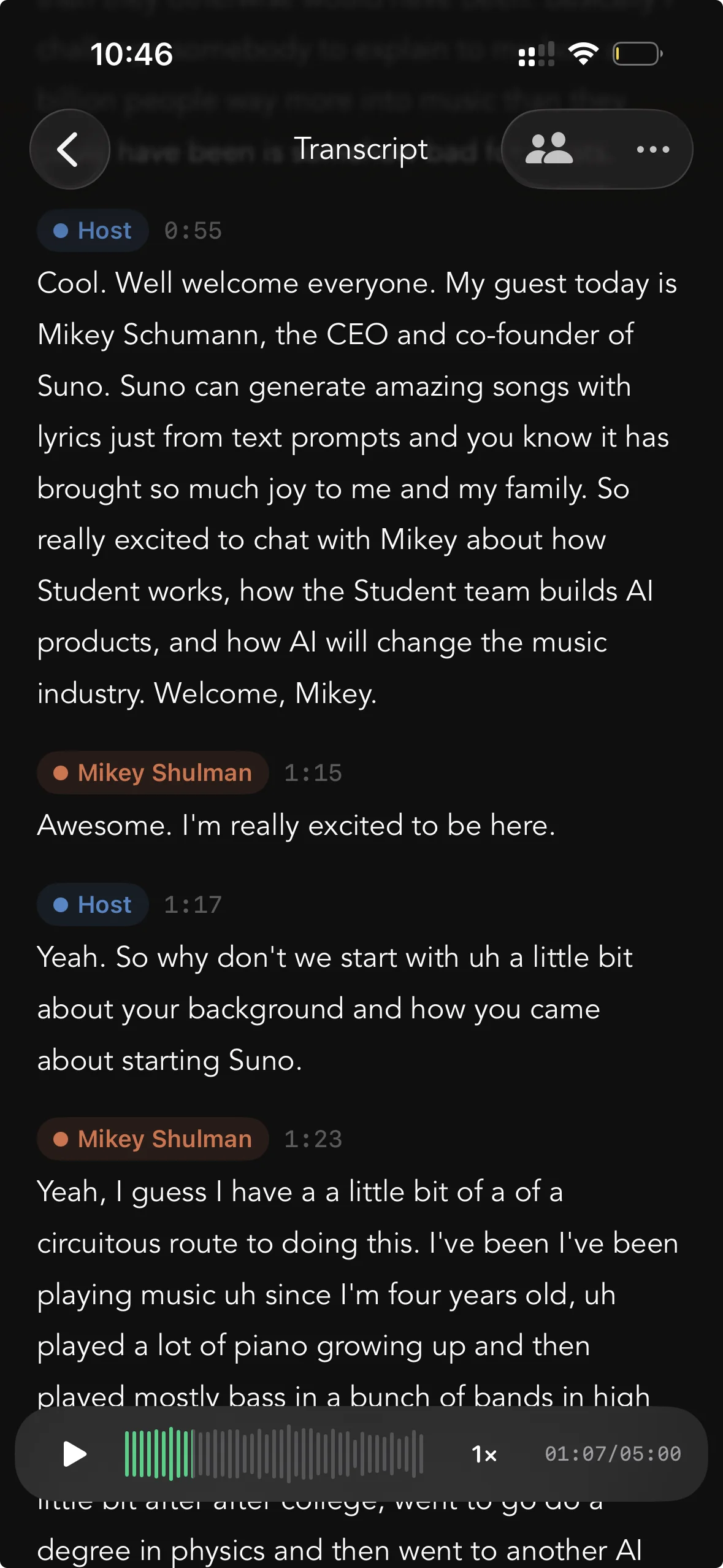 Whisper Notes transcript on iPhone with automatic speaker labels - each speaker gets a named, colored label with timestamps
