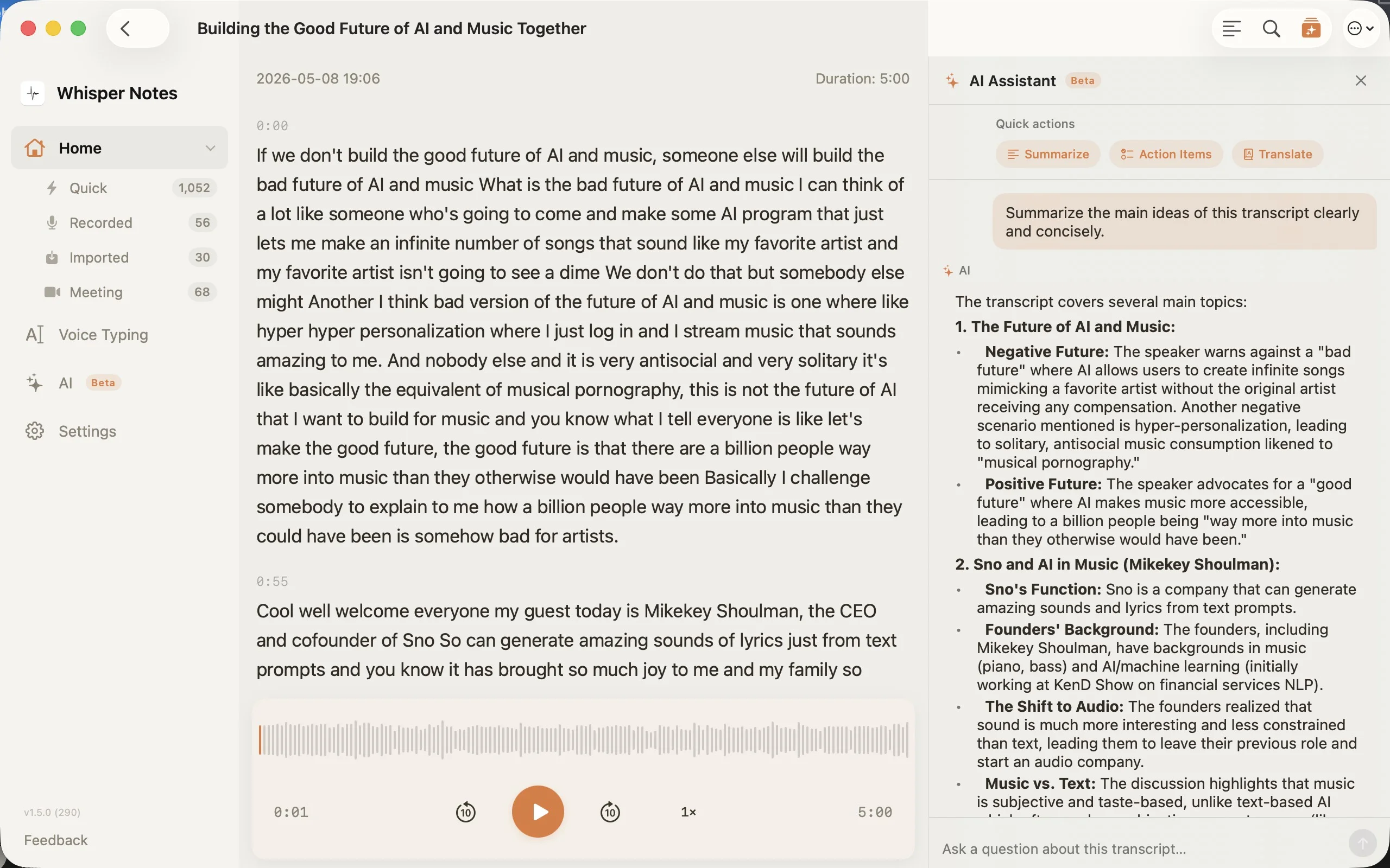 Whisper Notes AI Assistant sidebar with Summarize, Action Items, Translate buttons and chat interface