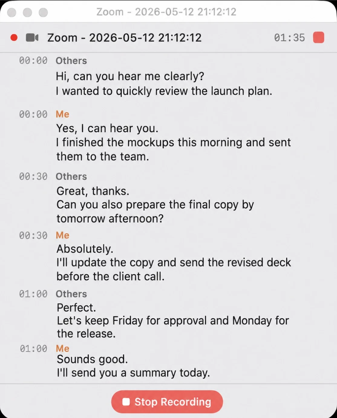 Whisper Notes recording a Zoom meeting on Mac with real-time transcription showing Me and Others speaker labels