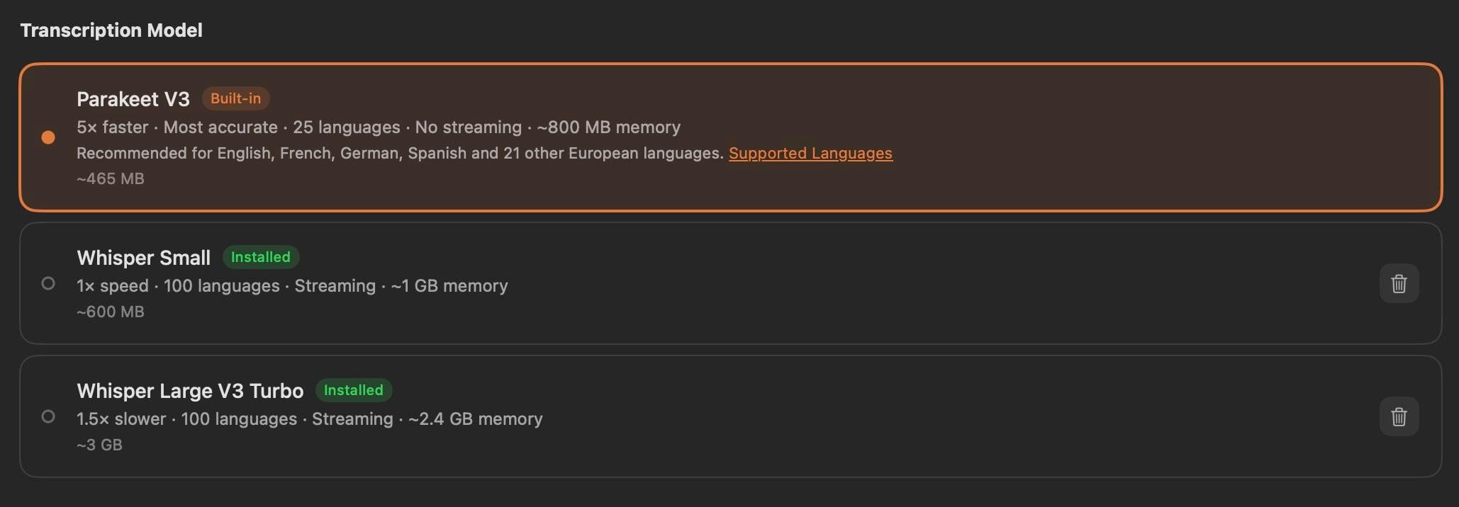 Whisper Notes Mac model picker showing Parakeet V3 as default, with Whisper Small and Whisper Large V3 Turbo as downloadable options