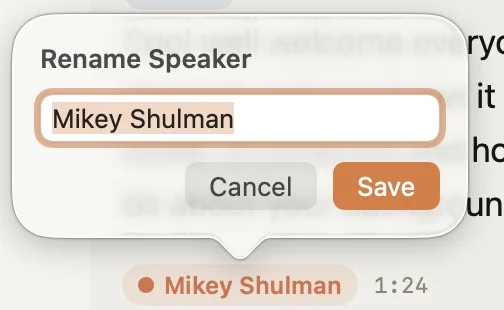 Renaming a speaker in Whisper Notes — the label updates across the whole transcript