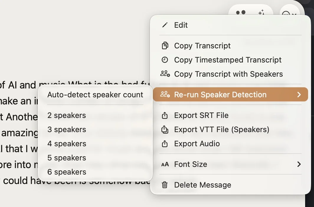 Re-run Speaker Detection in Whisper Notes with a specific speaker count, plus SRT and VTT export with speaker labels