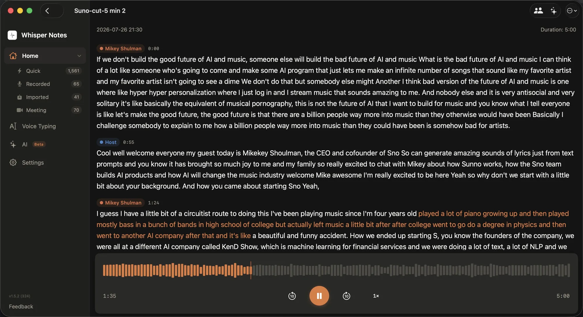 On-device speaker diarization in Whisper Notes for Mac: a podcast transcript with speaker labels and timestamps, processed locally