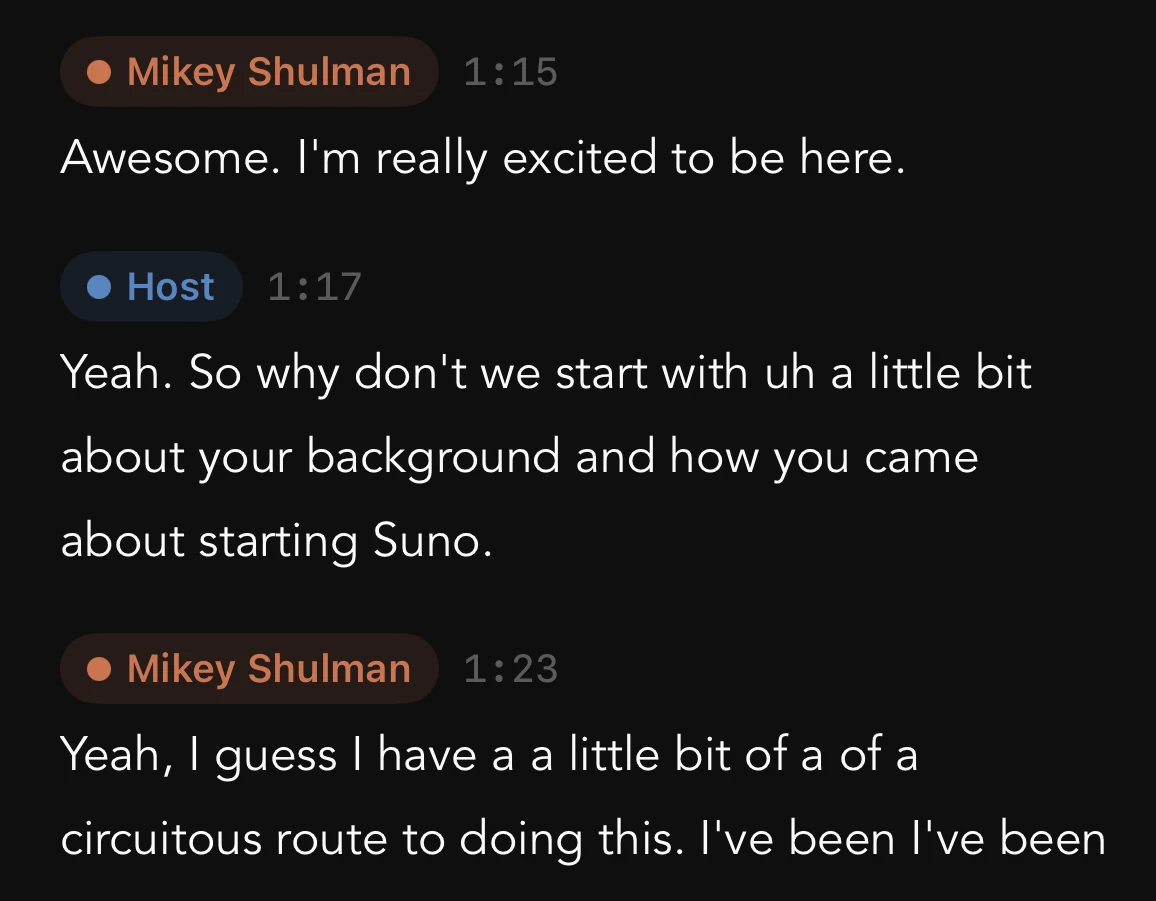 Whisper Notes transcript with speaker labels: a two-person podcast conversation with named speakers and timestamps