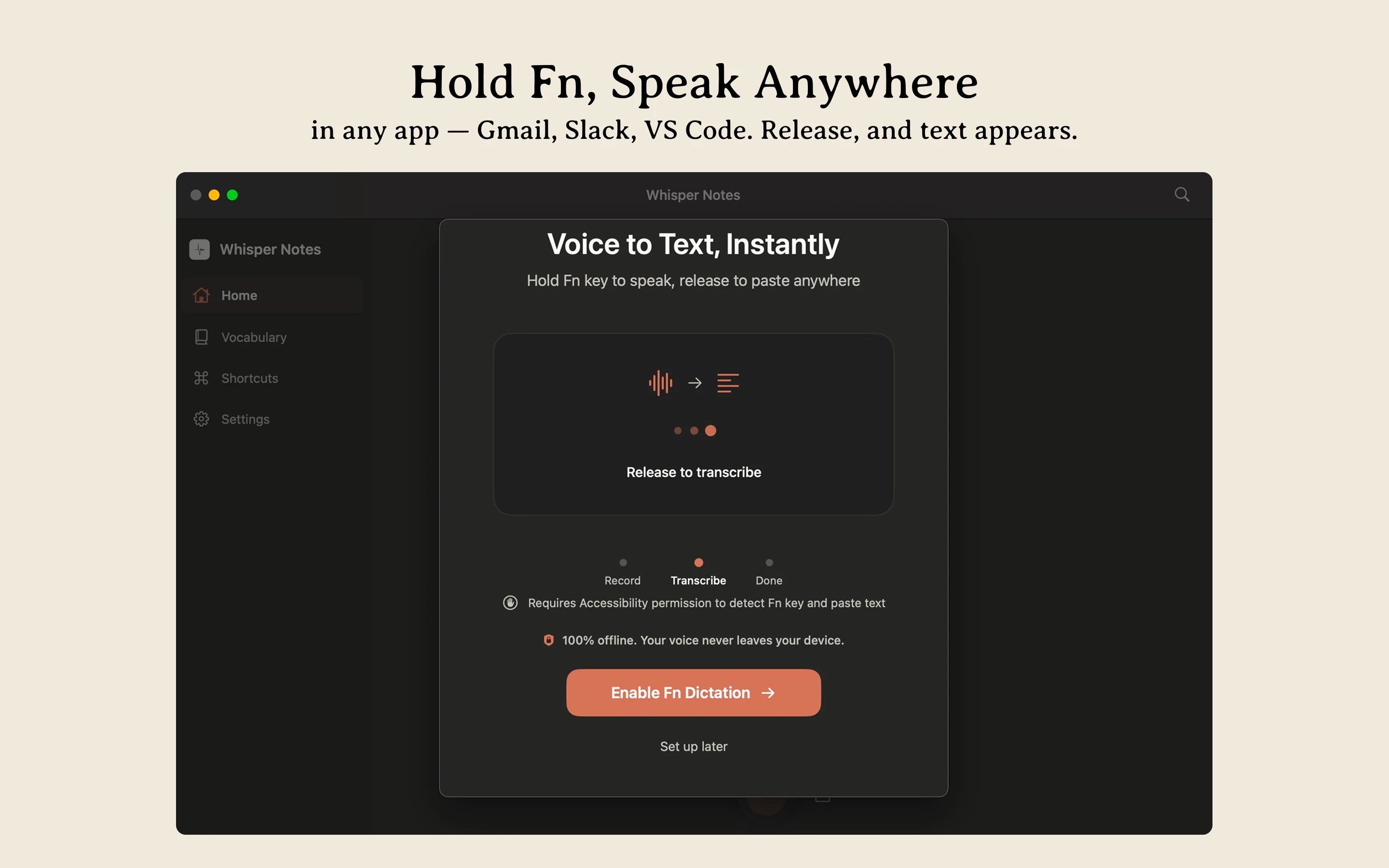Whisper Notes Mac offline voice typing — hold Fn to dictate in any application