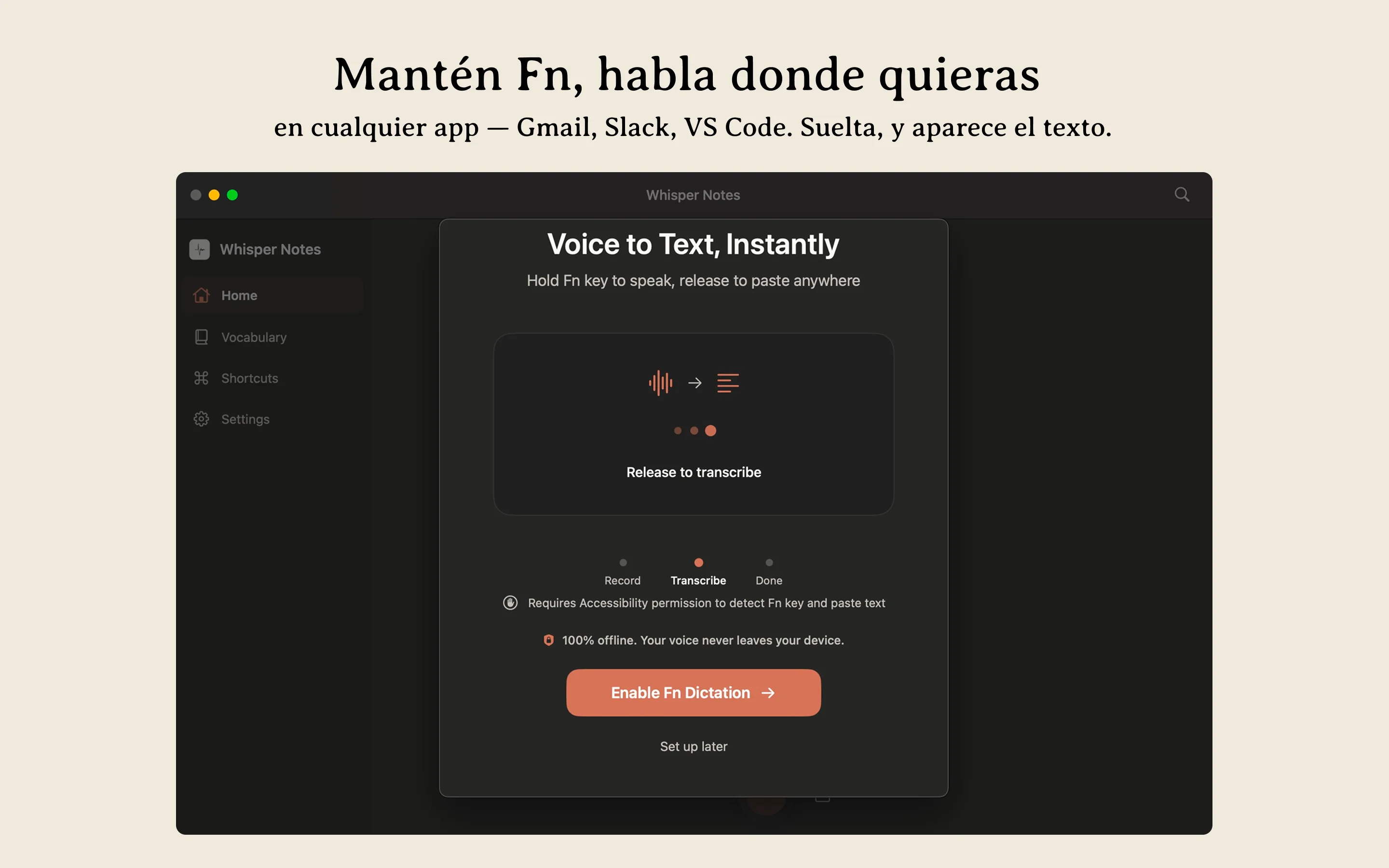 Whisper Notes Mac: escritura por voz offline — mantén Fn para dictar en cualquier aplicación