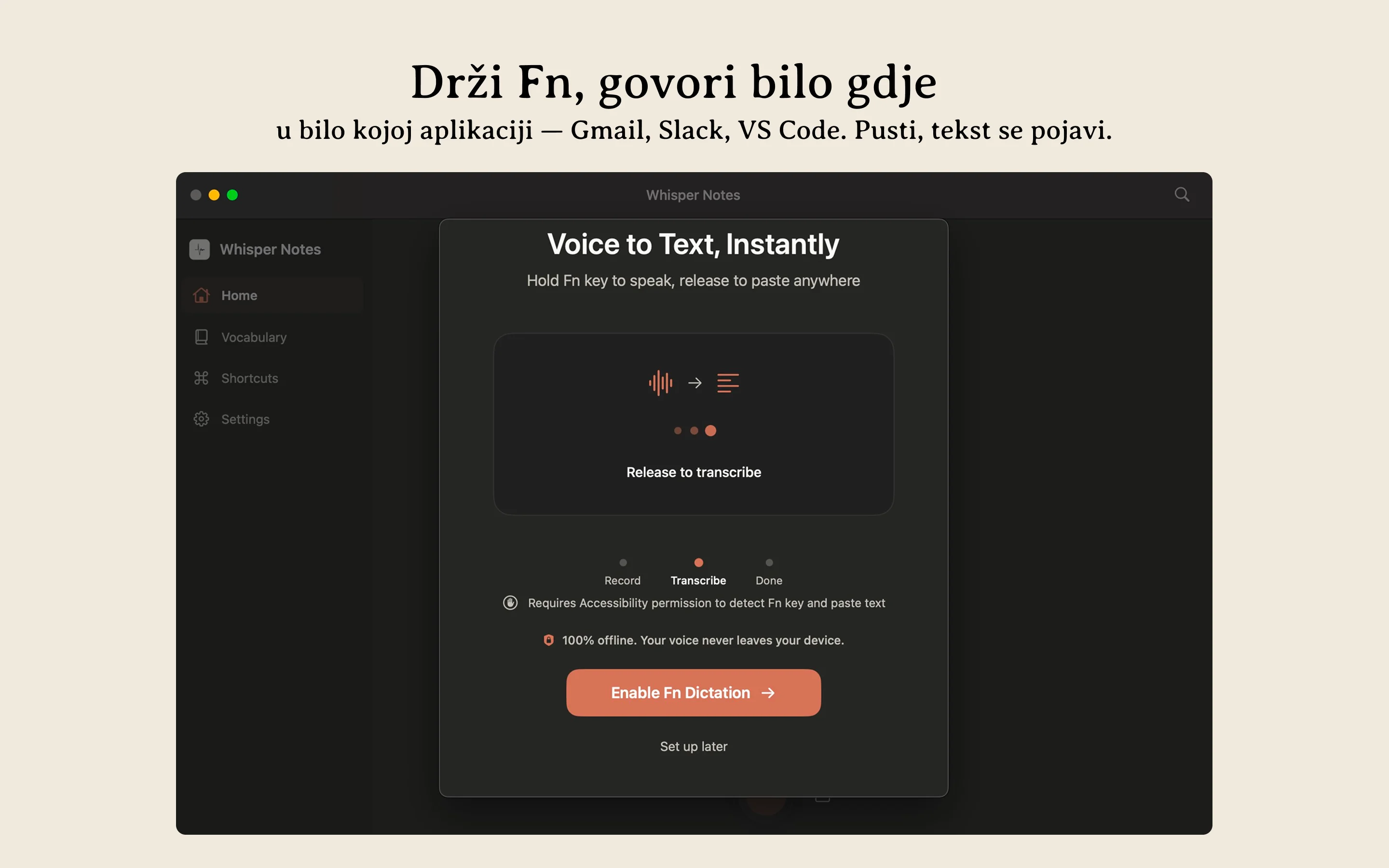 Whisper Notes Mac offline glasovno tipkanje — držite Fn za diktiranje u bilo kojoj aplikaciji