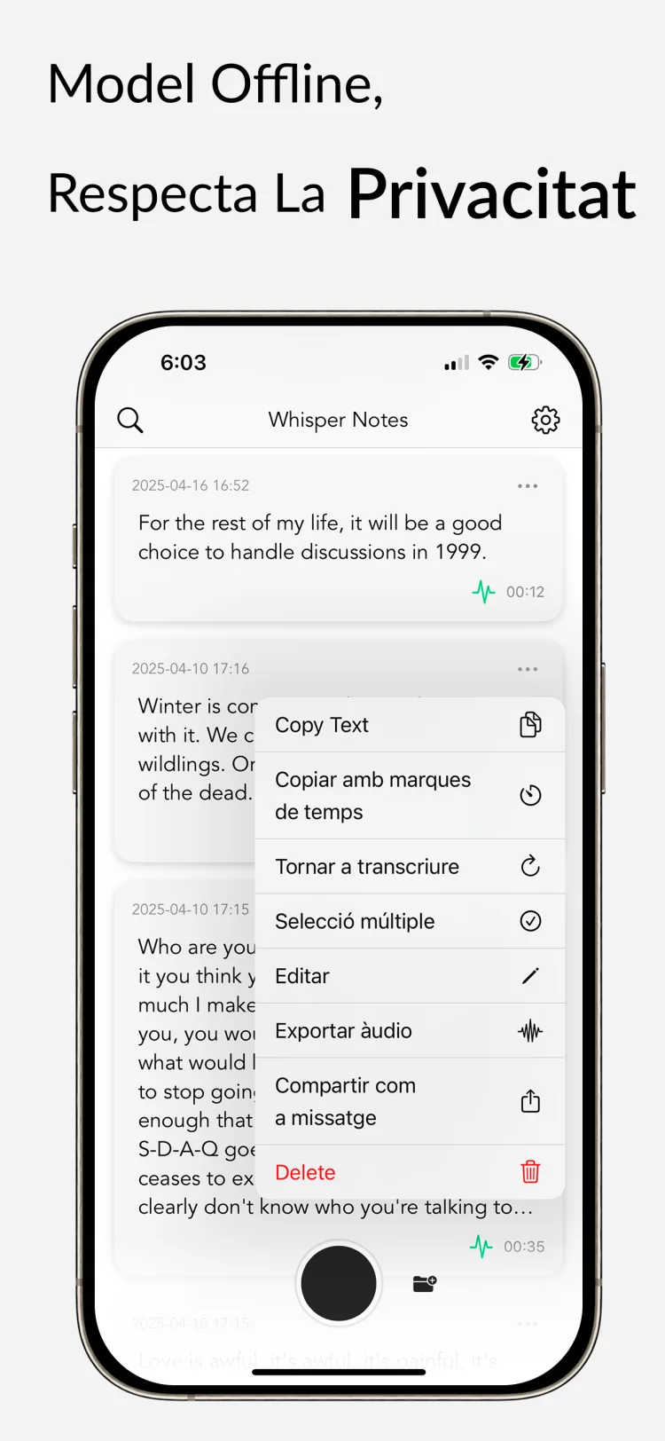 Transcripció sense connexió – Whisper Notes per a iPhone