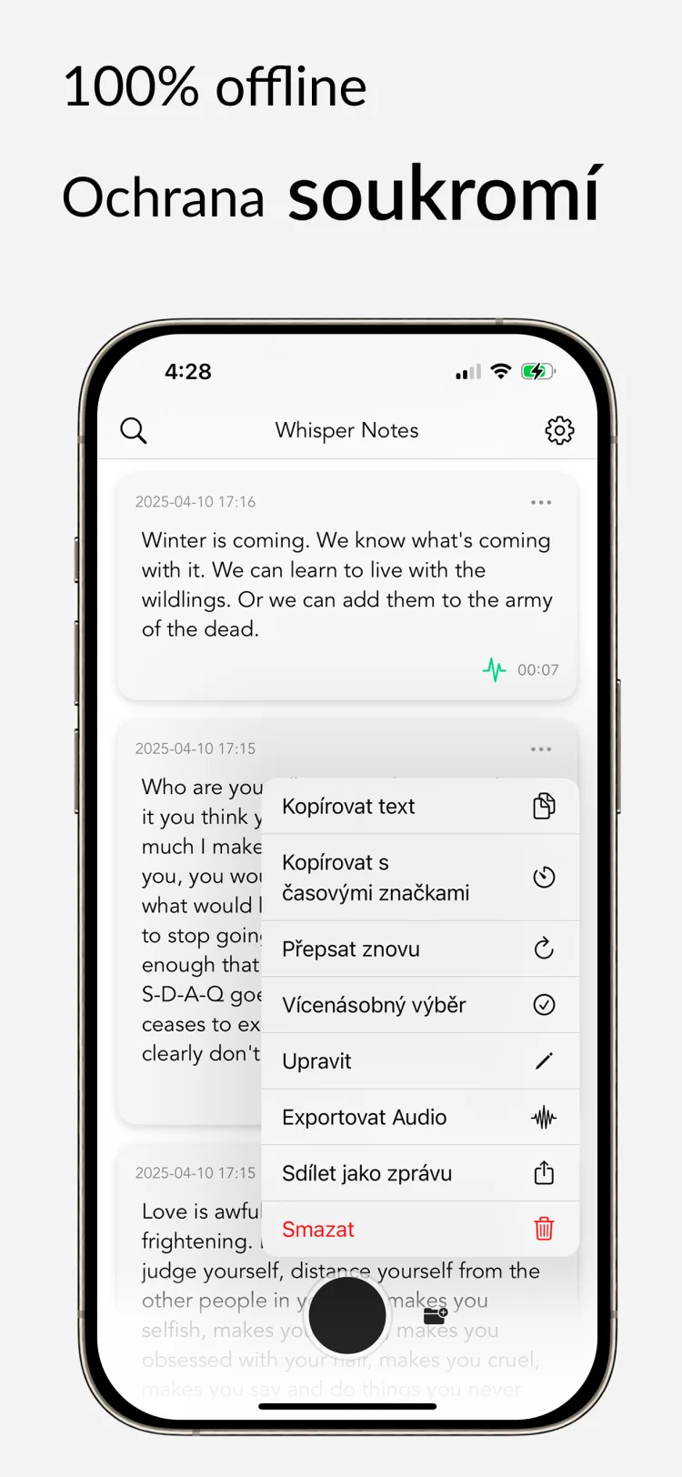 Offline přepis – Whisper Notes pro iPhone