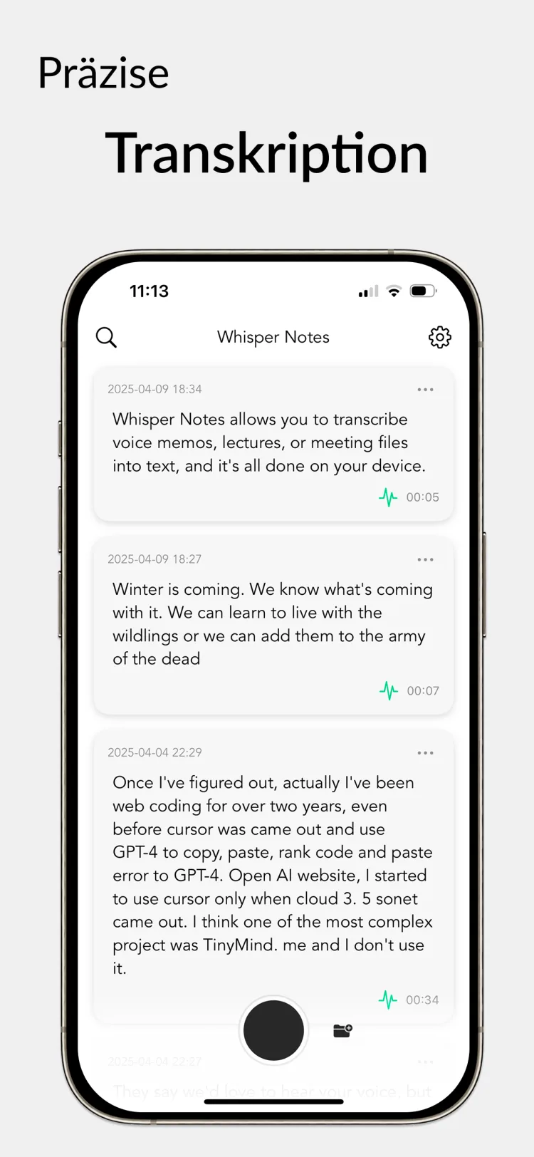 35 Minuten Audio in 18 Sekunden - WhisperNotes app interface