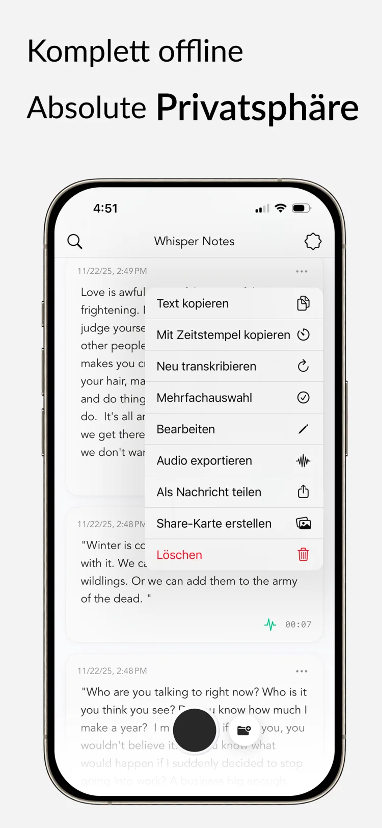 100% offline - WhisperNotes app interface