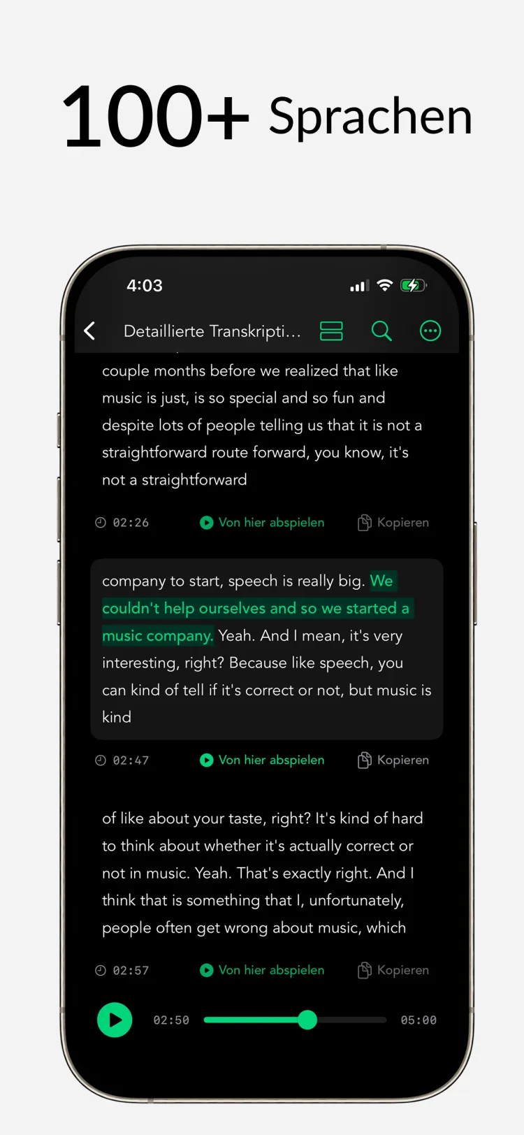 Über 80 Sprachen - WhisperNotes app interface