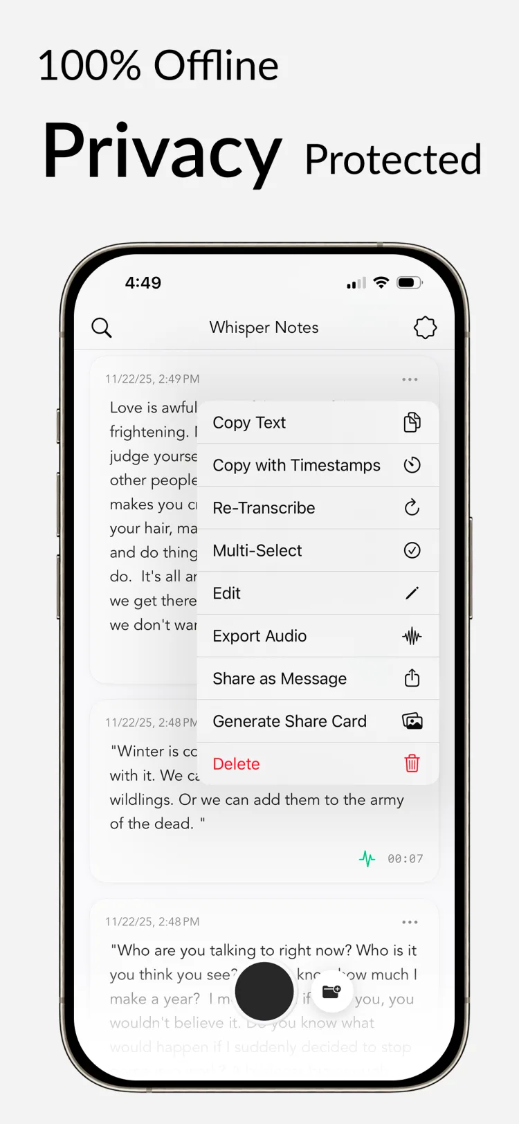 100% Offline - WhisperNotes app interface