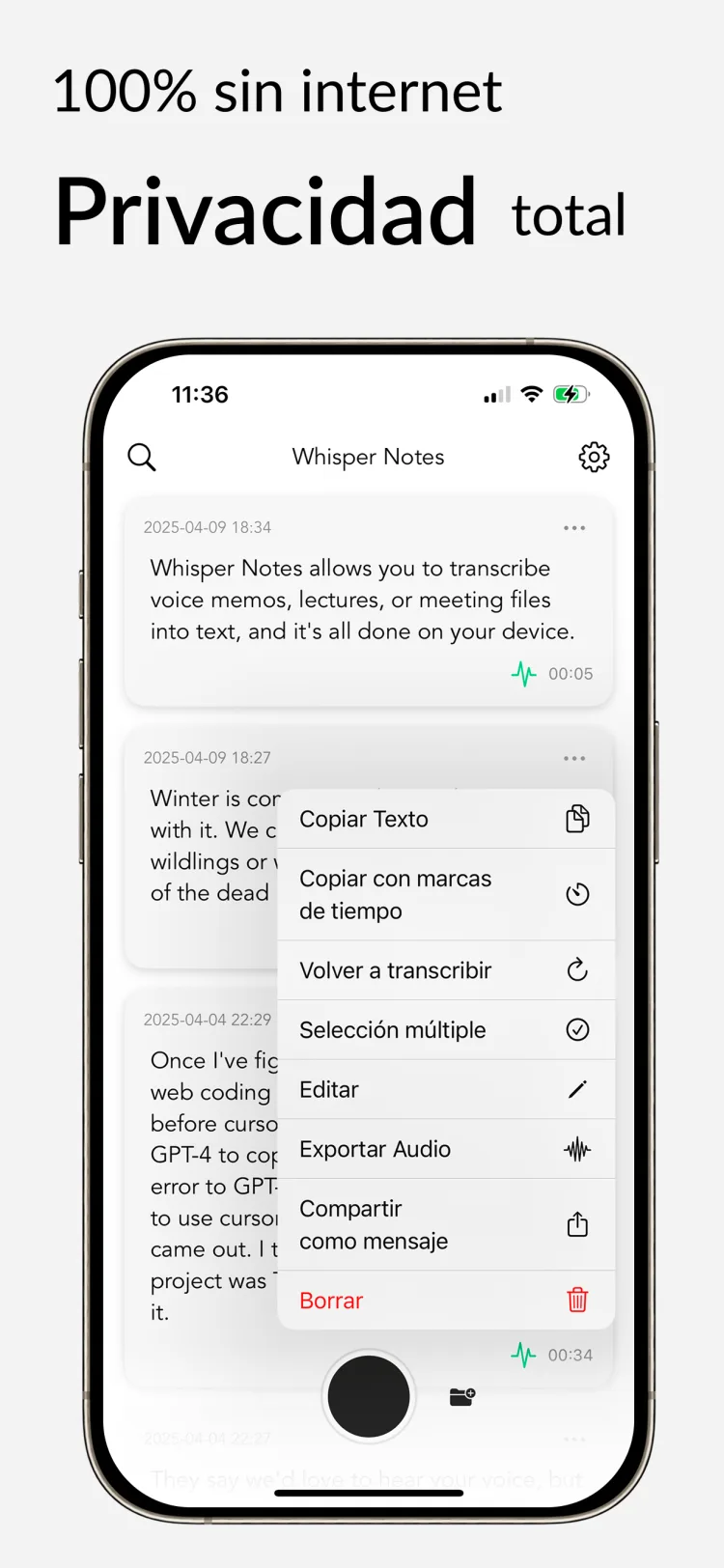Transcripción sin conexión – Whisper Notes para iPhone