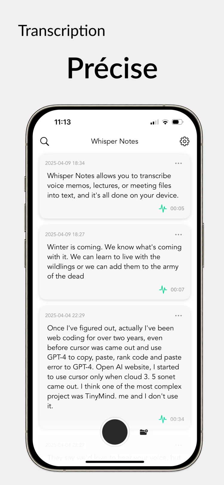 35 minutes d'audio en 18 secondes - WhisperNotes app interface