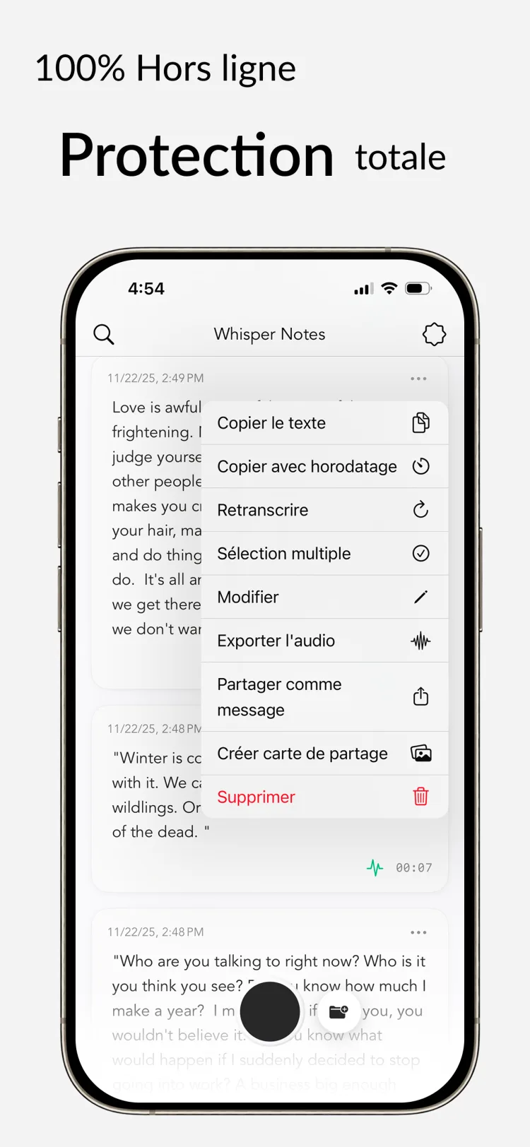 100% hors ligne - WhisperNotes app interface