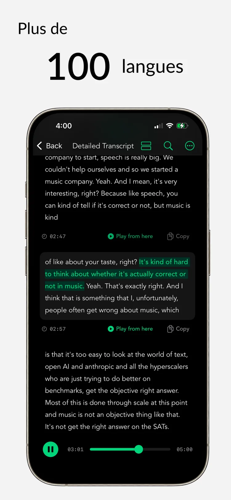 Plus de 80 langues - WhisperNotes app interface