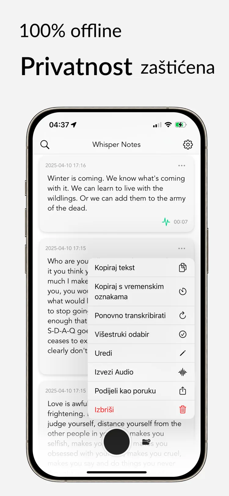 Offline transkripcija – Whisper Notes za iPhone