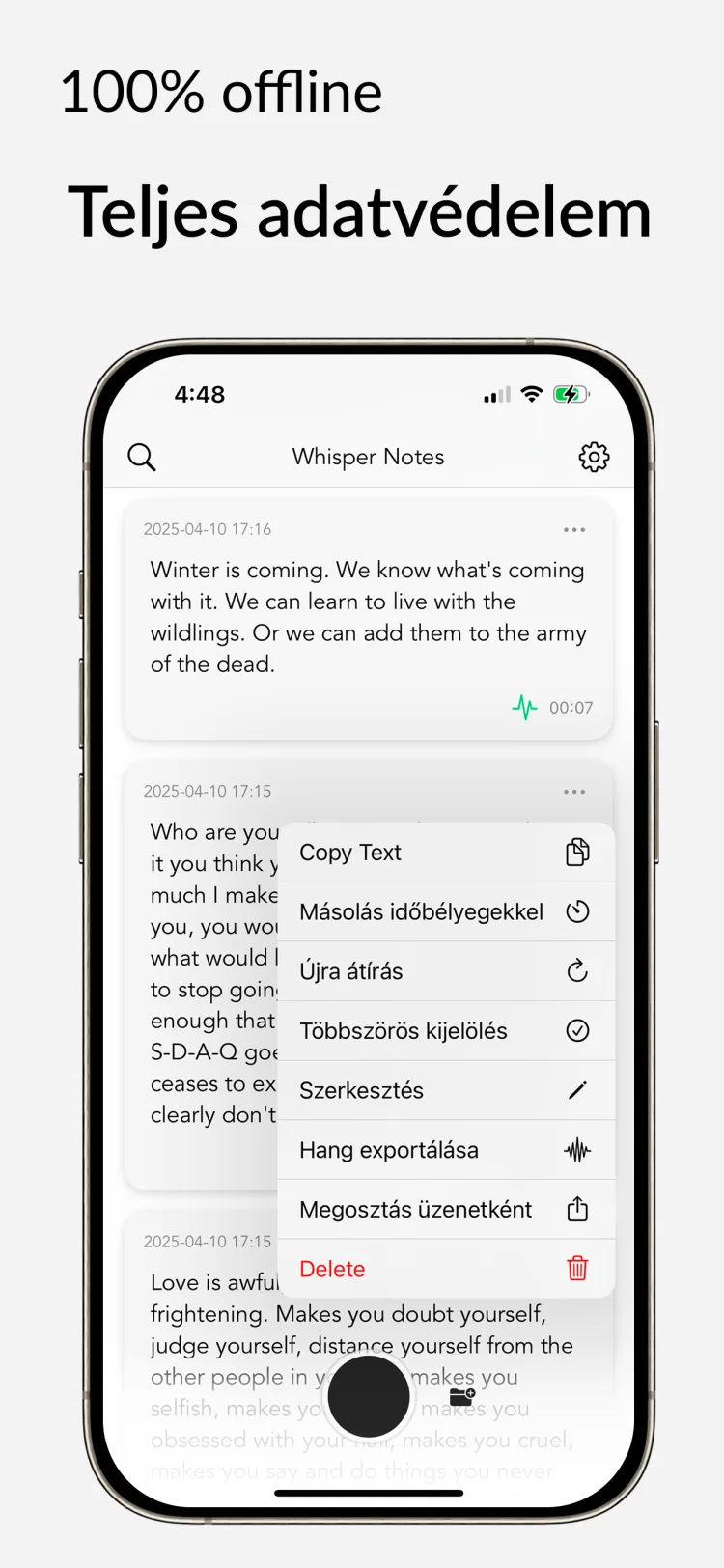 Offline Átirat – Whisper Notes iPhone-ra