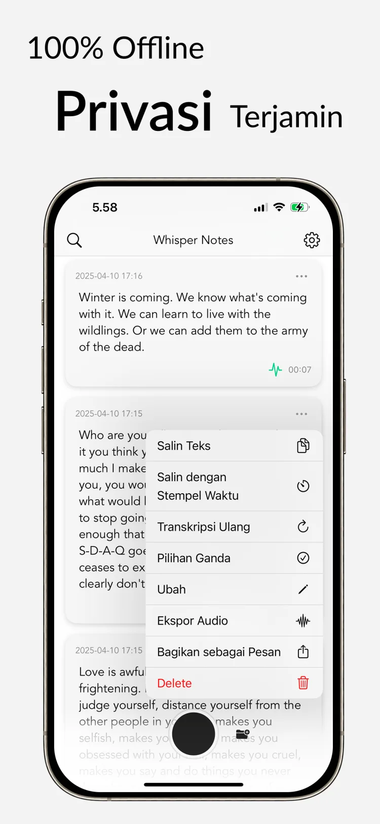 Transkripsi Offline – Whisper Notes untuk iPhone