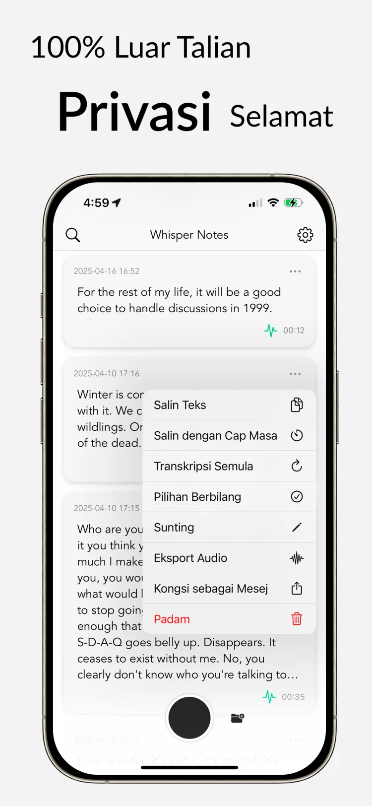 Transkripsi Luar Talian – Whisper Notes untuk iPhone