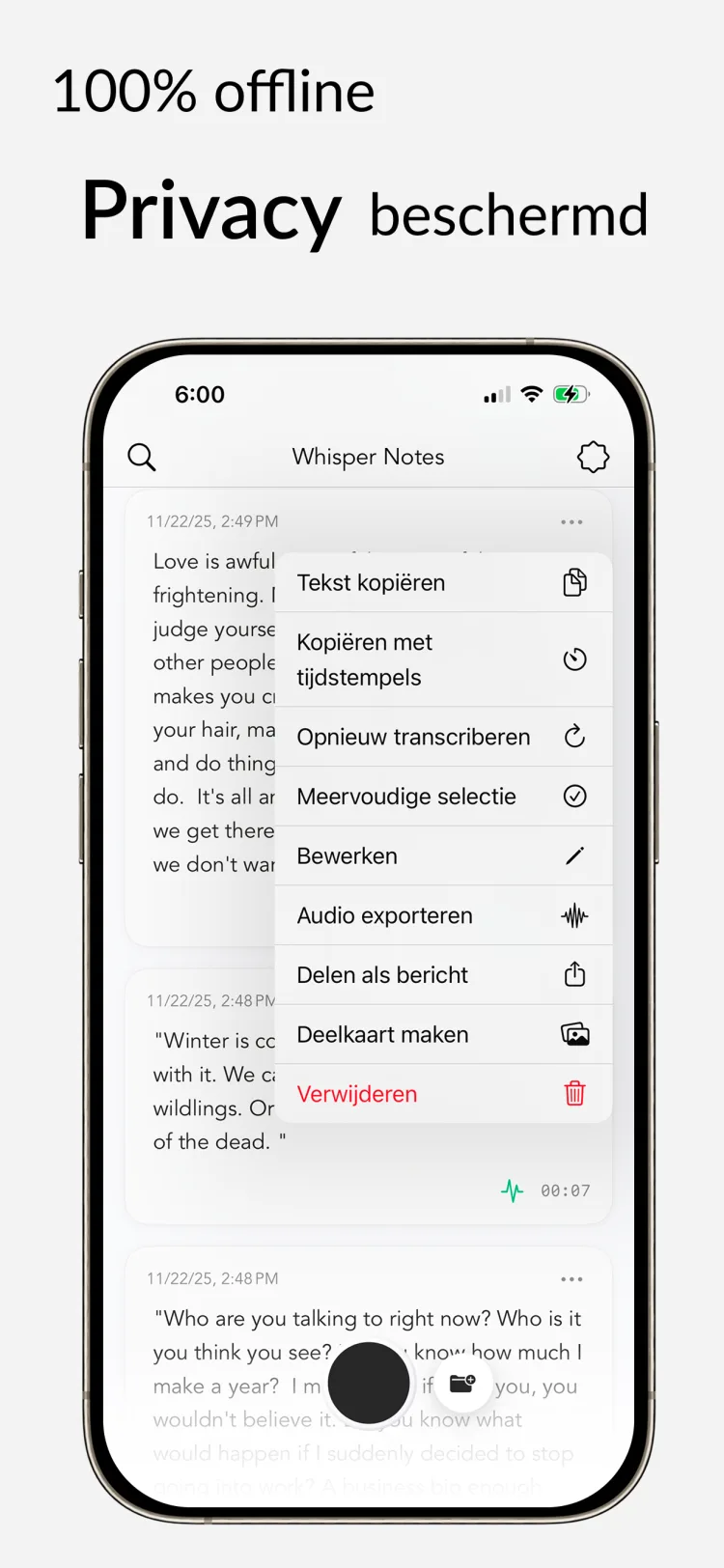 100% offline – Whisper Notes voor iPhone