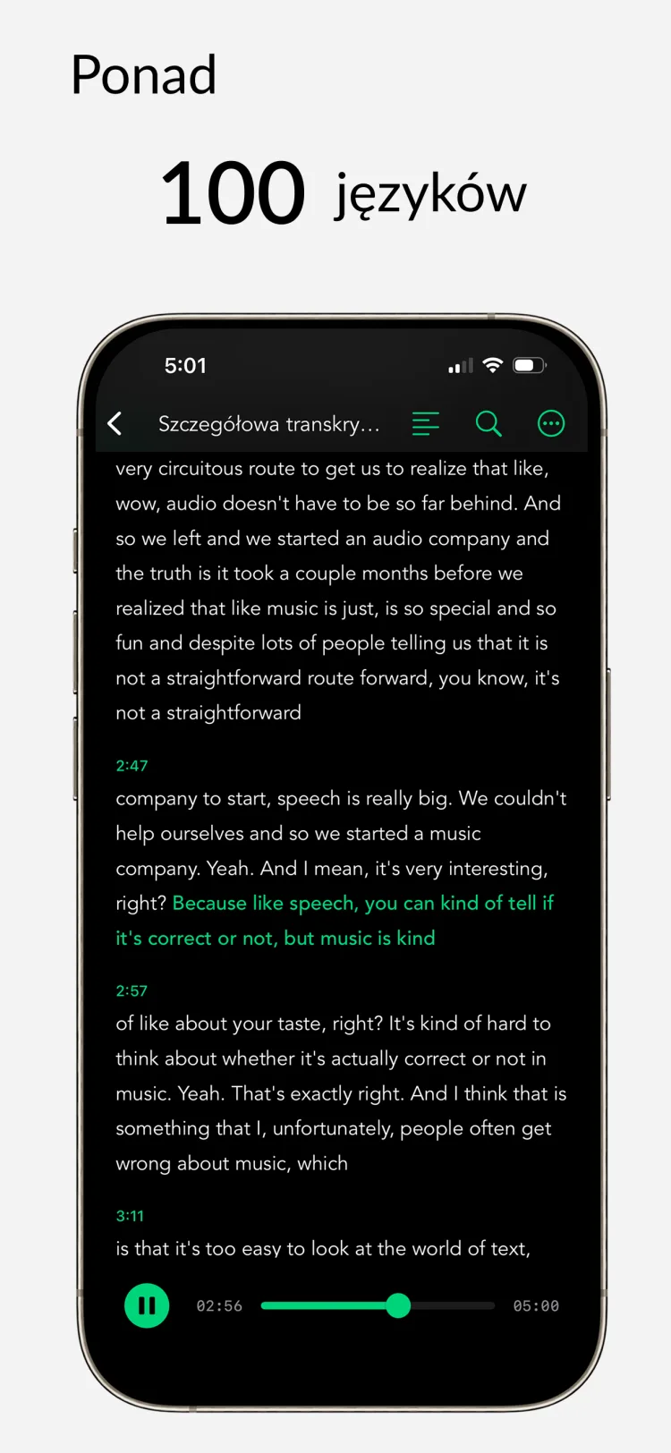 100+ języków – Whisper Notes na iPhone'a