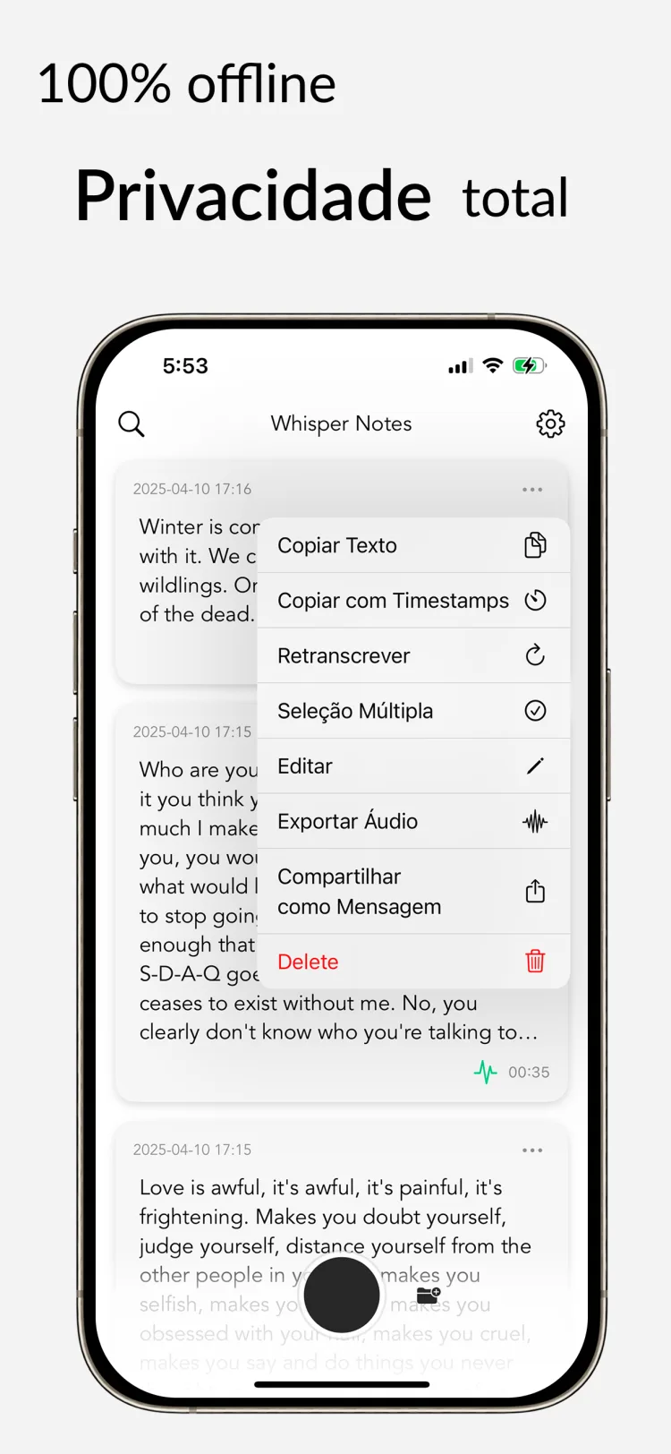 Transcrição Offline – Whisper Notes para iPhone