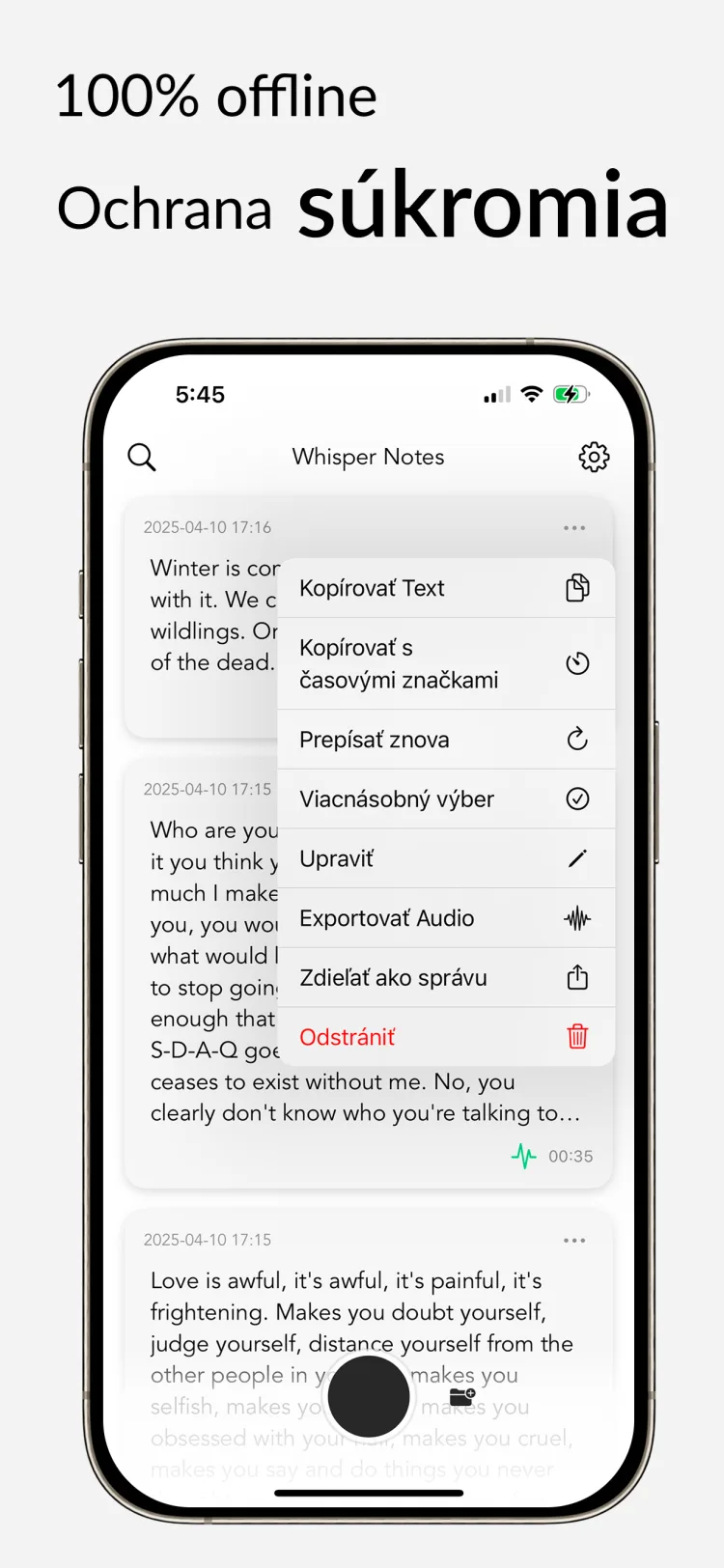 Offline prepis – Whisper Notes pre iPhone