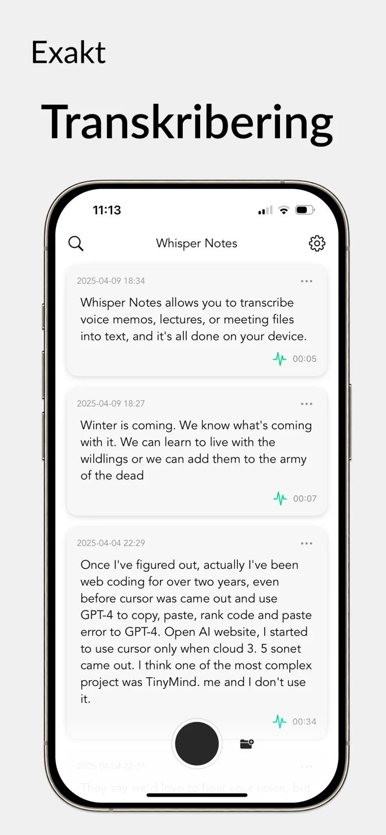 35 minuter ljud på 18 sekunder – Whisper Notes för iPhone
