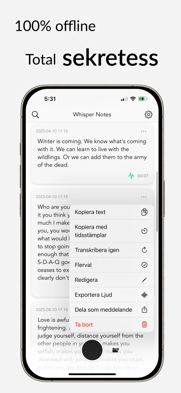 Offline-transkribering – Whisper Notes för iPhone