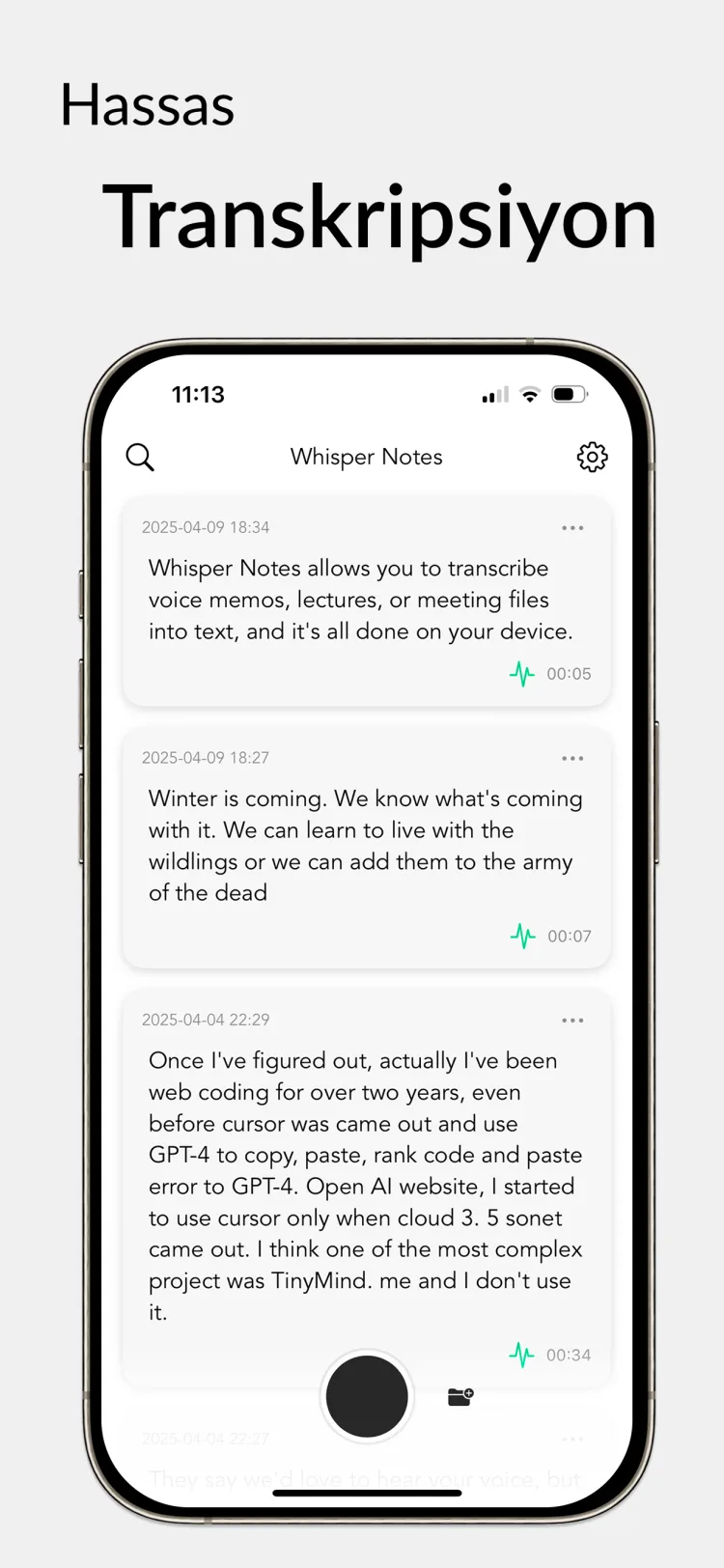 35 dakikalık ses 18 saniyede – iPhone için Whisper Notes