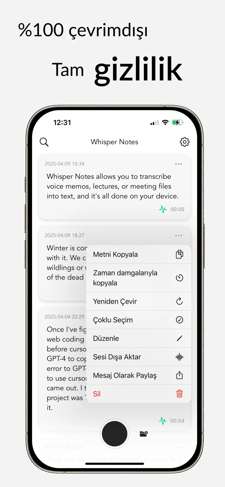 Çevrimdışı Transkripsiyon – iPhone için Whisper Notes