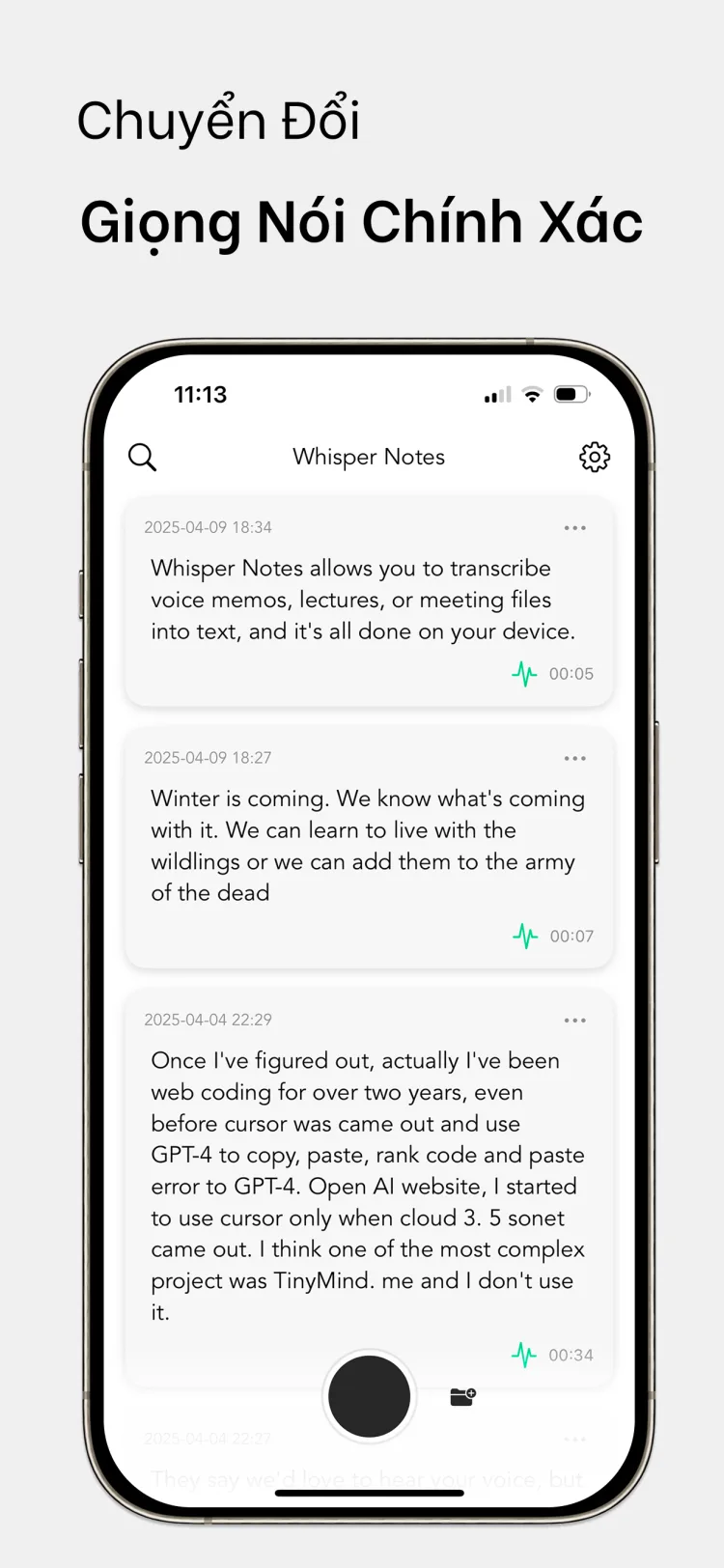 35 phút âm thanh trong 18 giây – Whisper Notes cho iPhone