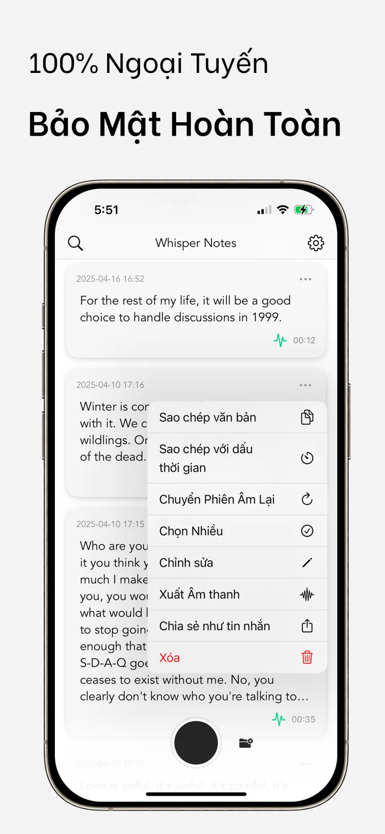 Offline hoàn toàn – Whisper Notes cho iPhone